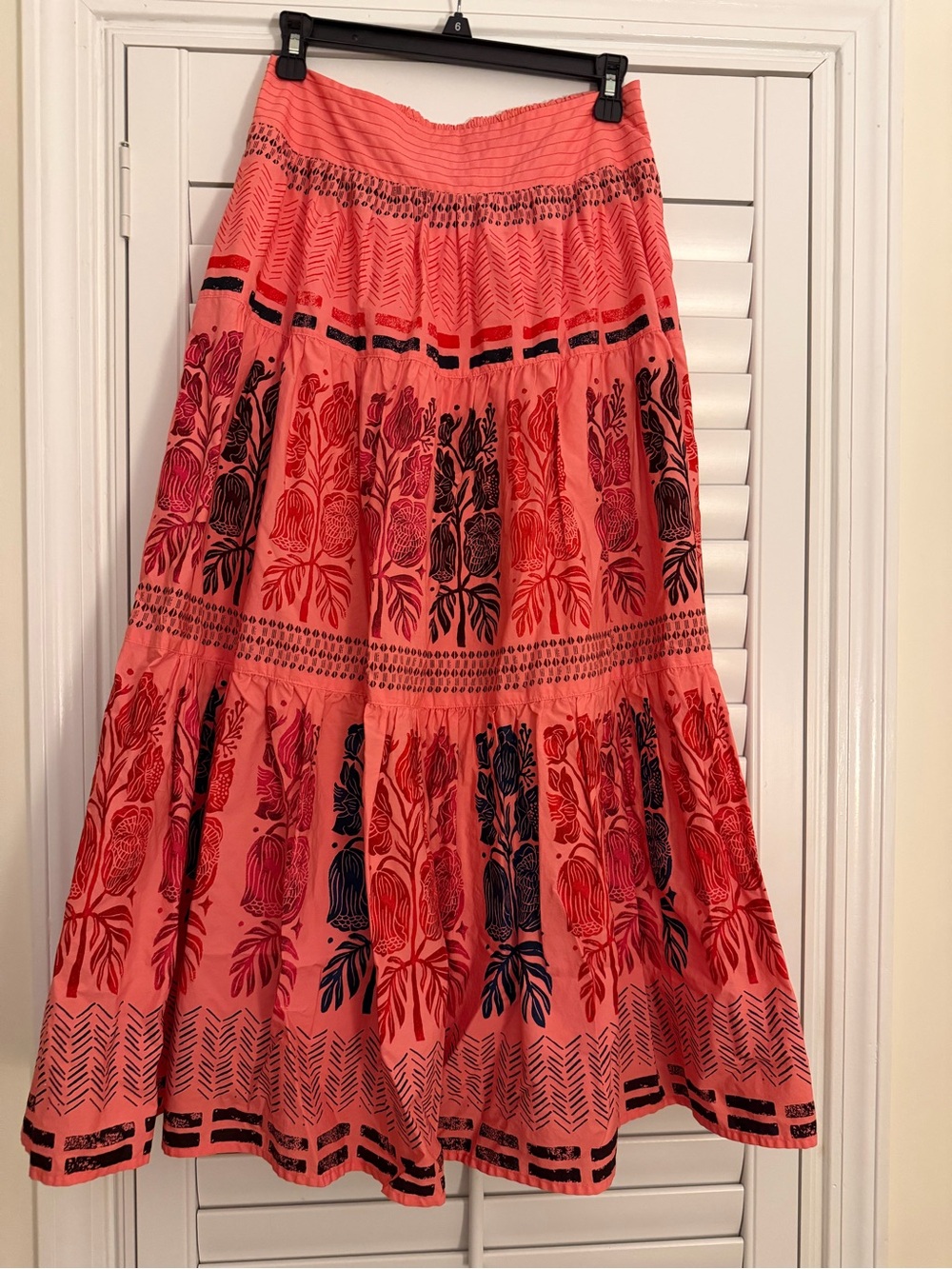 Anthropologie Coral Maxi Skirt with Navy & Red Print